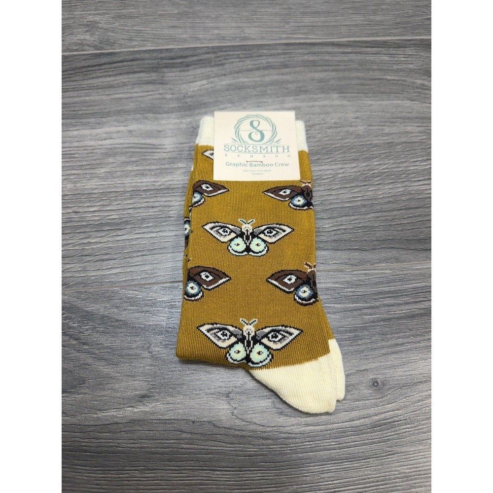 NWT Socksmith Bamboo Crew Socks Women's One Size Yellow Moth Comfort Walking